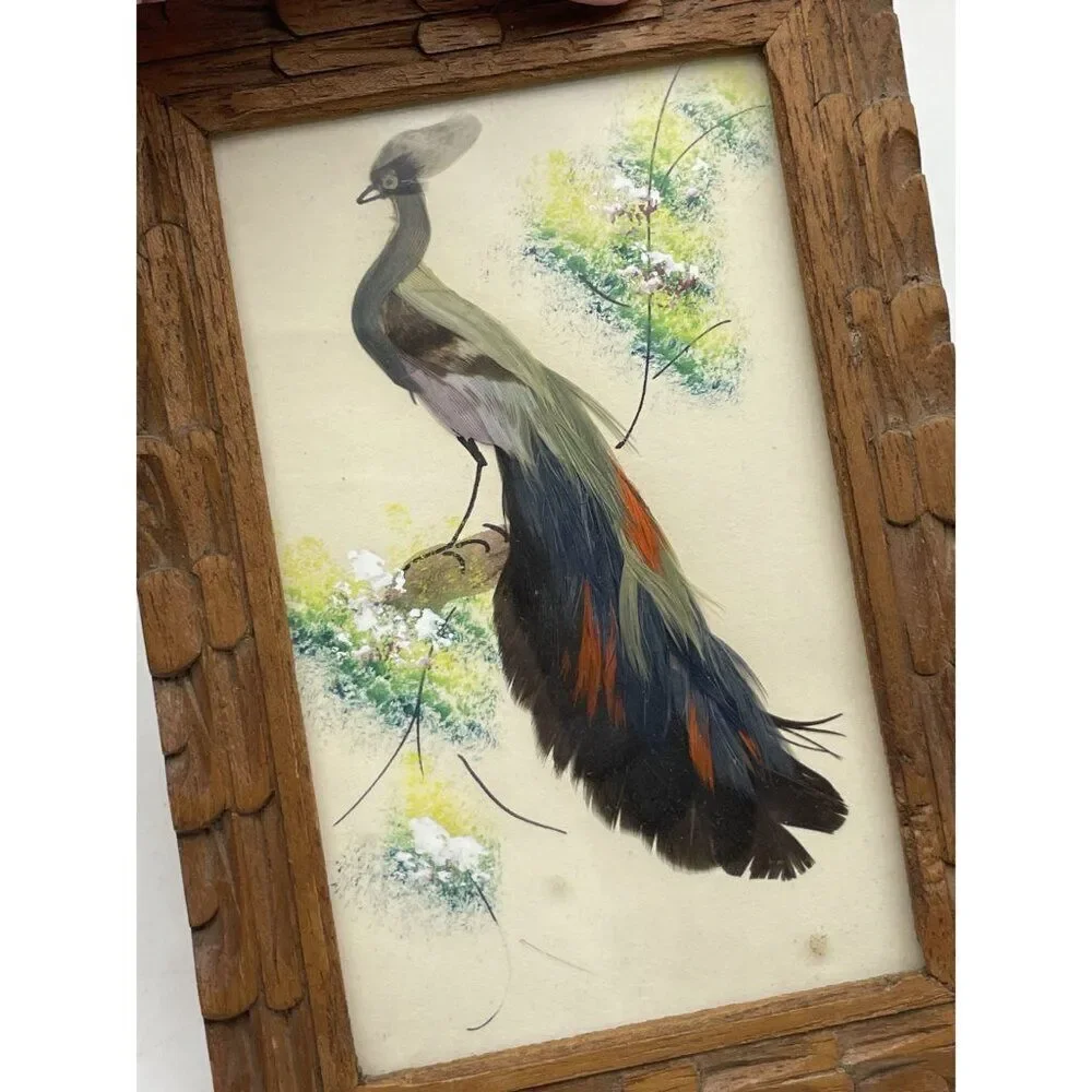 Pair Of Vintage Feather Art Bird Paintings In Carved Wooden Frames